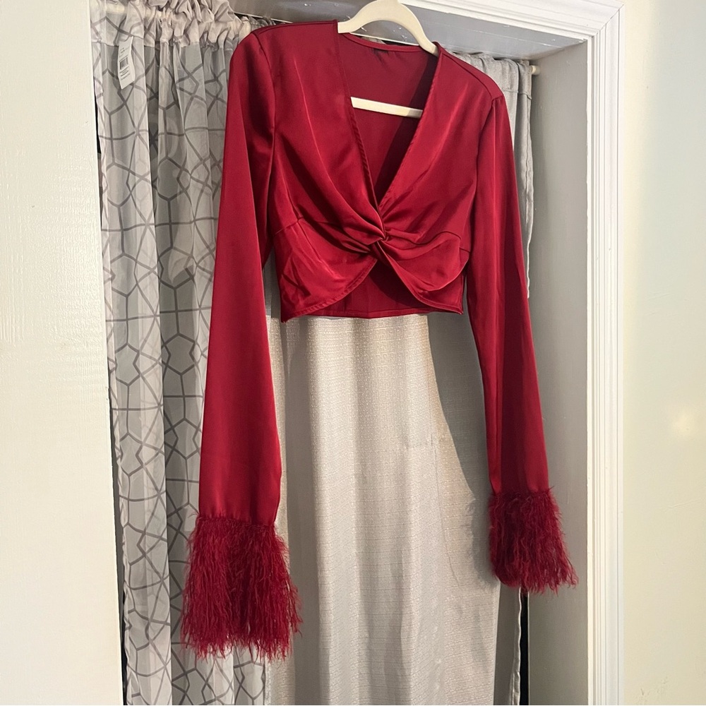 Burgundy Satin Twist Front Crop Top with Feather Cuffs M